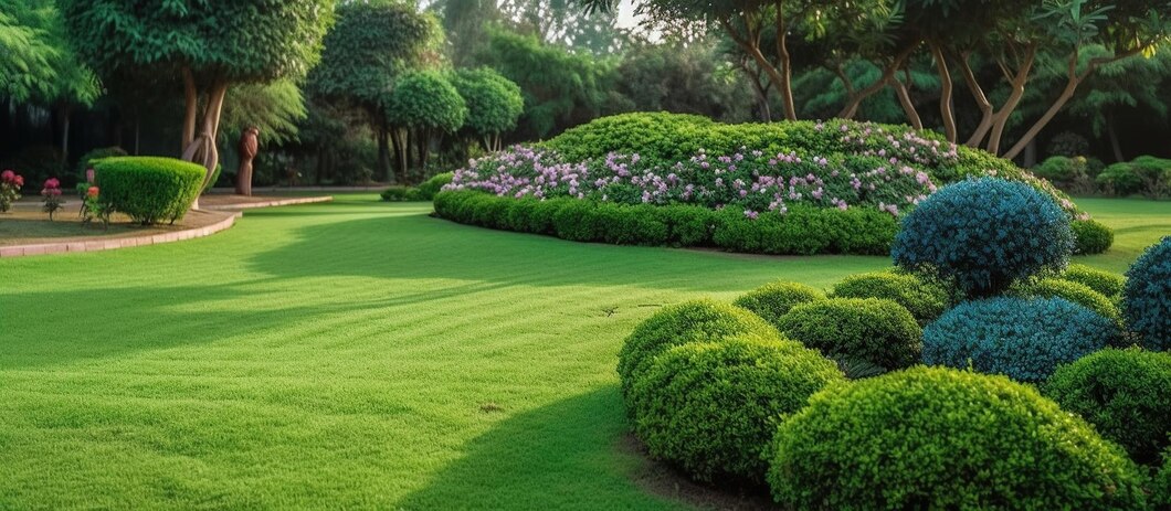 A beautifully green landscaped with a variety of plants and flowers.