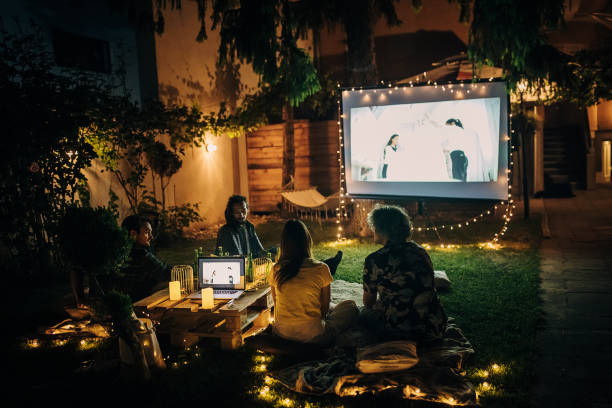 Movie night setup on a lush lawn